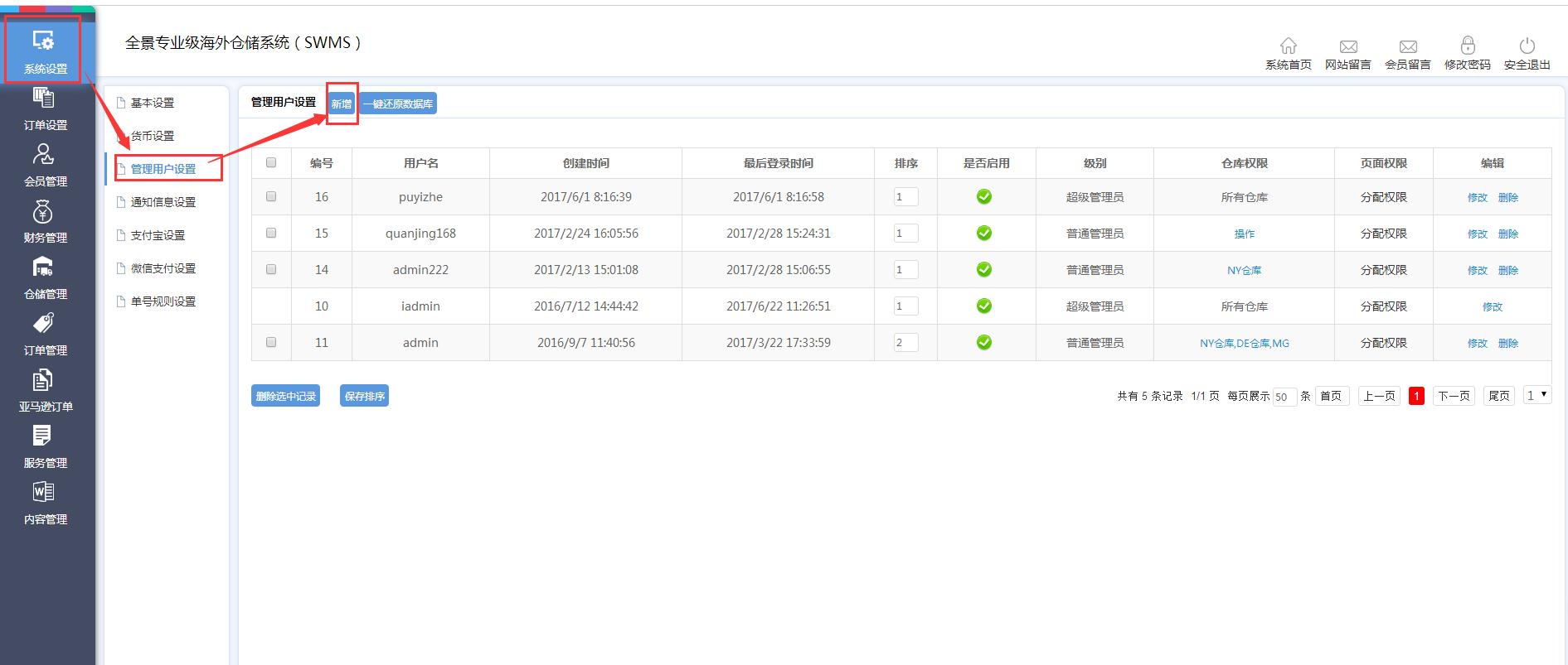 海外倉(cāng)系統(tǒng)后臺(tái)管理系統(tǒng)設(shè)置管理用戶設(shè)置